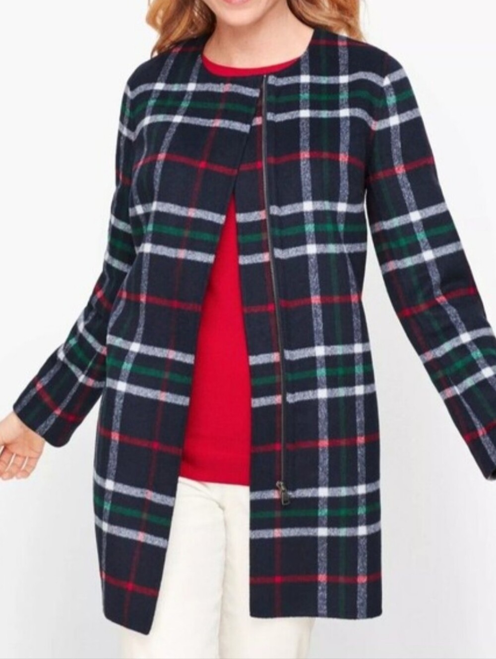 Talbots Petite Wool Plaid Zip Jacket Navy Multicolor Fall Winter Topper L Petite